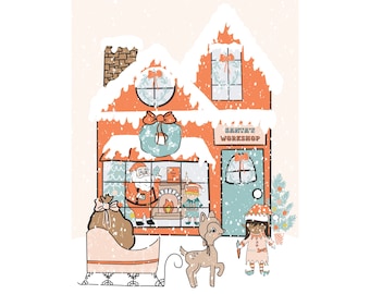 Santa’s workshop, Christmas print, Christmas illustration, Christmas, Christmas artwork, Santa list, elves, Santa’s helpers, Santa’s elves,