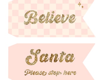 Christmas pennant flag, printable pennant flag, glitter believe pennant flag, santa stop here pennant flag, pink pennant flags