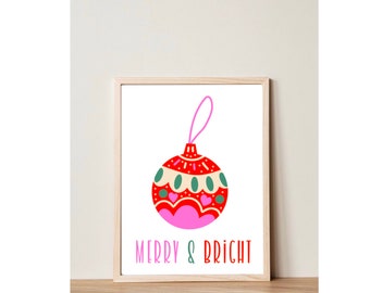 Pink Christmas merry and bright ornament print/ornament illustration/Bright pink Christmas  print/Winter wall art/ Holiday Decorations