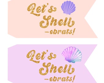 Let’s shell-e rate pennant flag, printable pennant flag, glitter under the sea pennant flag, mermaid pennant flag, shell pennant flag