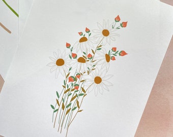 Daisy illustration,trendy wall art,daisy,digital download,print,floral,handmade,illustration,botanical,printable, modern