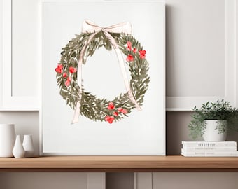 Christmas wreath print ,Winter illustration, Christmas prints,winter wall art, holiday decorations, modern decor, wreath wall art, winter