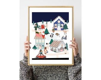 Christmas village scene print,Christmas print, floated houses, snowy ground, winter wonderland icicles on house, elves, penguin, post office