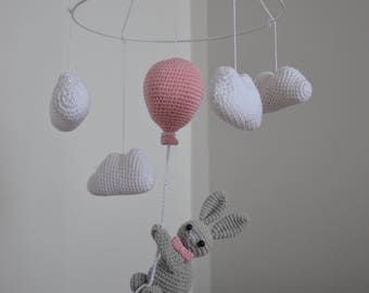 Baby mobile Rabbit on the ballon, baby mobile hanger, baby crib mobile, Nursery decor, Baby gift, Handmade mobile, baby girl, nursery room