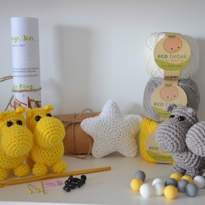 Hippo pattern baby mobile, Kit for baby mobile, Hippo, Baby mobile pattern, Yellow, Star, Nursery decor-Baby&#39;s mobile toy, Crochet hippo