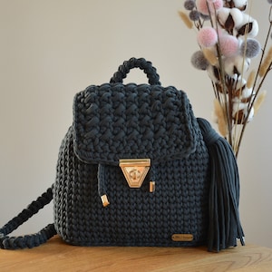 Crochet luxury women handmade backpack, Girl knit backpack, purse, rucksack, Black unique backpack, ideal for gift