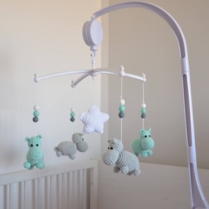 Mint and Gray Hippo Mobile Baby, Baby mobile with music