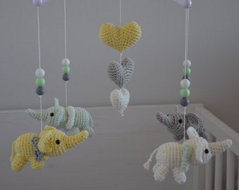 Elephant baby mobile with Heart , unisex baby mobile,  Elephants nursery, Crib baby mobile, Yellow, Mint, Gray, Baby mobile in pastel color