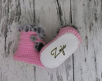 Gepersonaliseerde aangepaste naam babyschoenen, Haak babyschoenen met lederen zool, babyschoenen, gepersonaliseerd, pasgeboren booties, Eerste baby cadeau