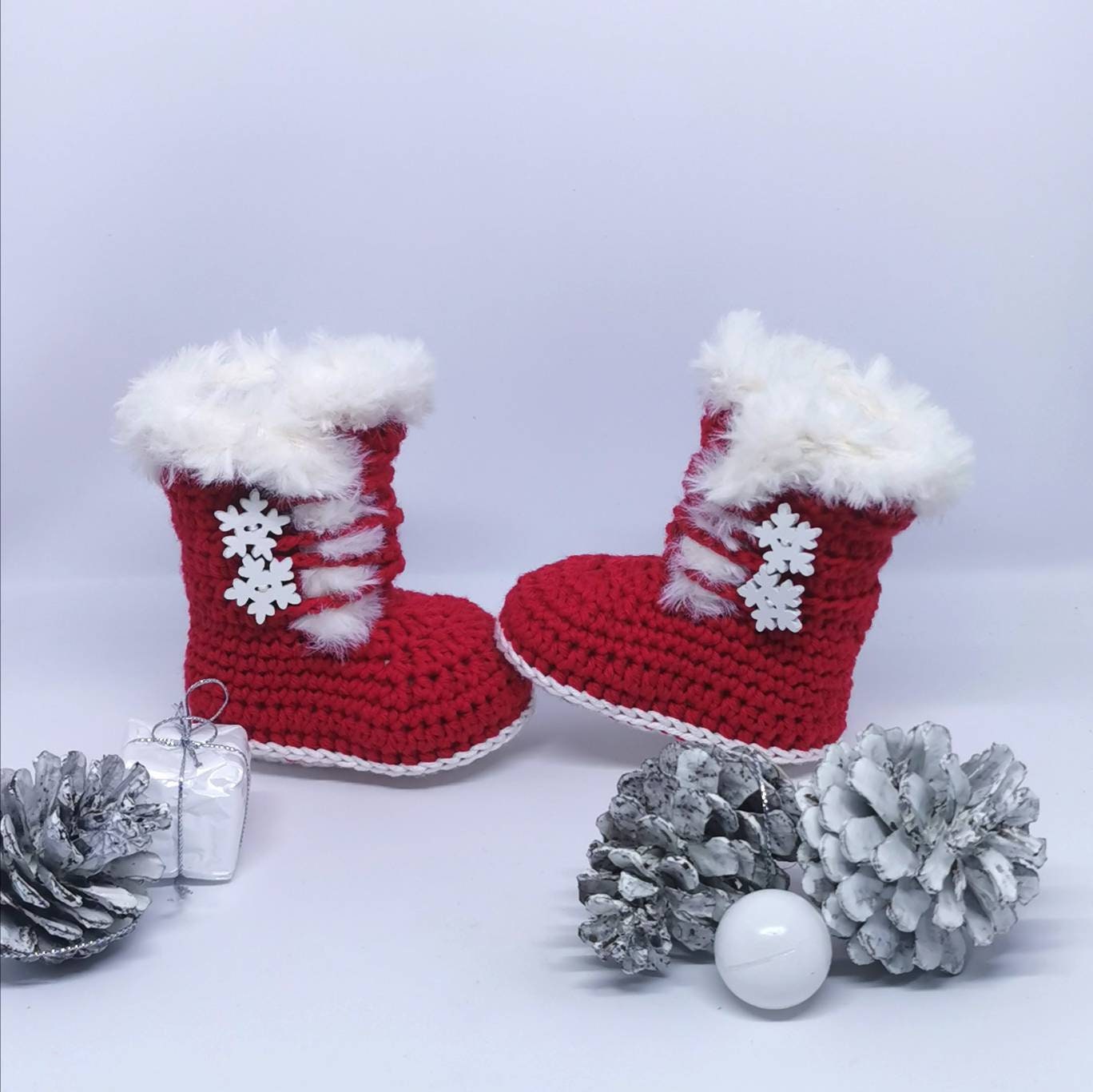 Christmas Red Santa Baby Booties Crochet Unisex Baby Shoes