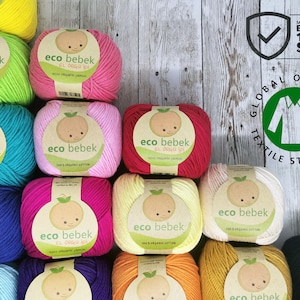 Filato di cotone biologico, certificato GOTS, filato per maglieria, filato per uncinetto, filato per bambini, filato ipoallergenico, Eco Bebek, 50 g, certificato EN71-3: 2019