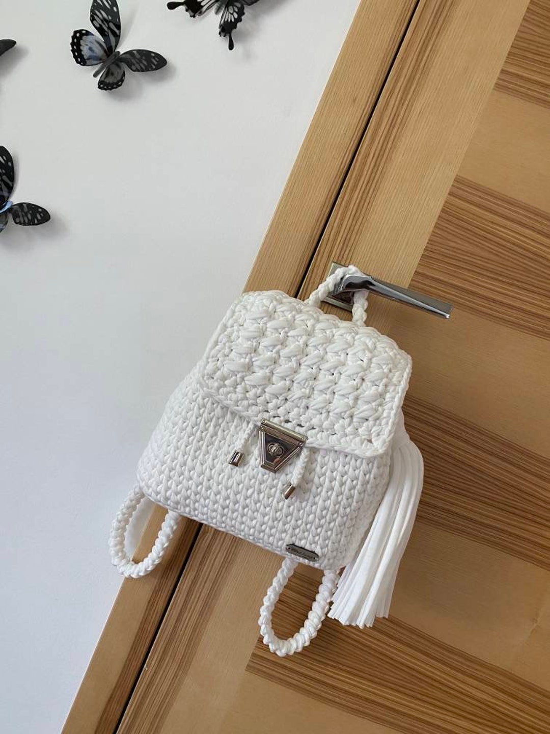 White Crochet Backpack From Tshirt Yarn, Unique Handmade Wedding Bags ...