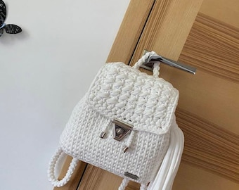 White crochet backpack from TShirt yarn, unique handmade wedding bags, fashion bag, crochetbag, small backpack