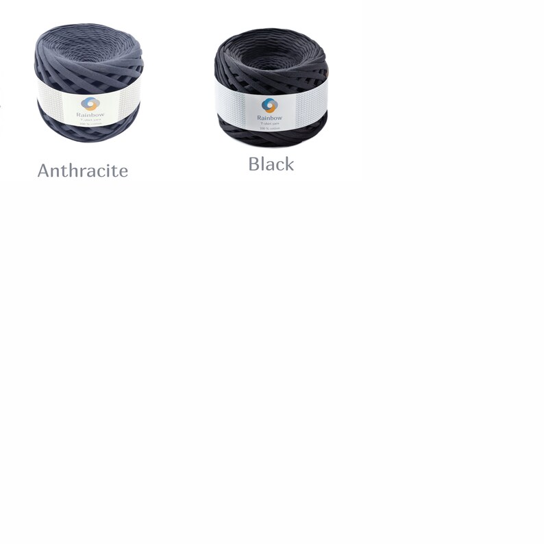 May include: Two spools of black and dark gray yarn. The yarn is made of recycled plastic and is packaged in a clear plastic bag. The spools are labeled "Rainbow Recycled Yarn".