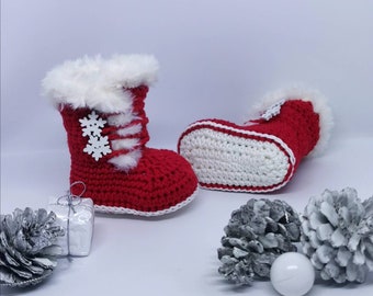 Christmas red santa baby booties, Crochet unisex baby shoes, organic cotton boots, newborn shoes, 0-3, 3-6 months