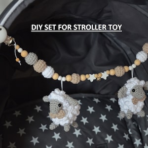 DIY set for sheep stroller toy, baby stroller mobile, rattles chain, stroller toy, pram chain, pram toy, string toy, crochet sheep