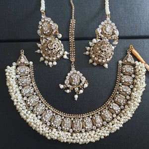 Pakistani jewelry necklace set collar gold polish pearl beads earrings tikka