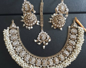 Pakistani jewelry necklace set collar gold polish pearl beads earrings tikka