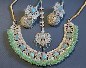 Pakistani jewelry necklace set mint green  collar gold polish pearl beads earrings tikka