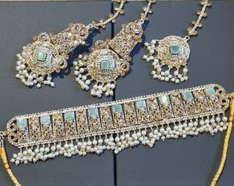 Pakistani jewelry choker set gold polish pearl light mint green pearl beads earrings stone tikka wedding party