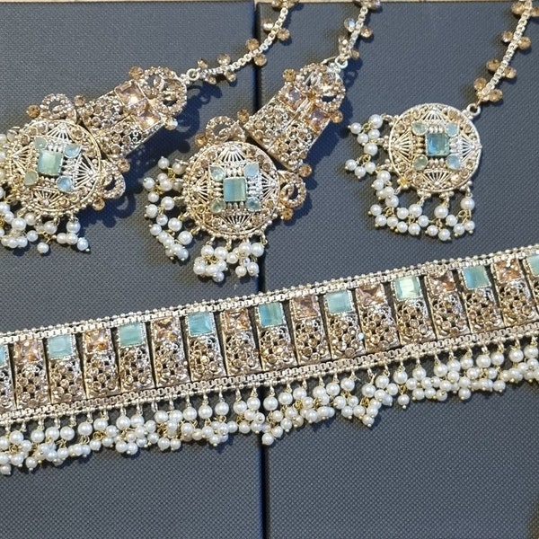 Pakistani jewelry choker set gold polish pearl light mint green pearl beads earrings stone tikka wedding party