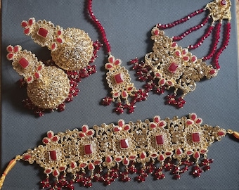 Gold Polish Pakistani Choker Set: Maroon Bead Jumka Earrings & Tikka