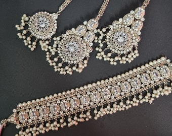 Pakistaanse zilveren choker set zilveren sieraden poolse parel kralen oorbellen tikka bruiloftsfeest