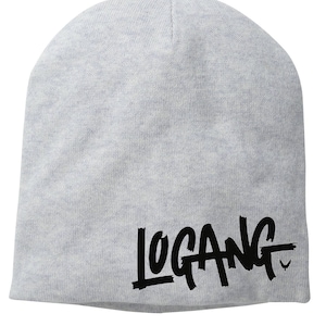 May include: Gray beanie with black text that reads "LOGANG" with a small black bird logo.