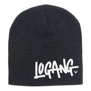 May include: Black beanie with a white "LOGANG" graphic in a graffiti style.