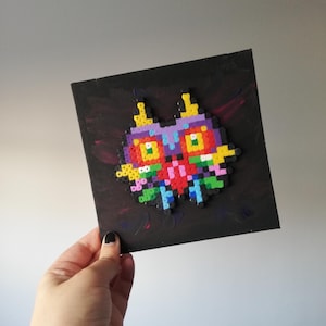 Majora&#39;s Mask Hama Bead Art on Canvas – Handmade Pixel Wall Decor, Legend of Zelda Inspired Gaming Gift, Geeky Room Decoration