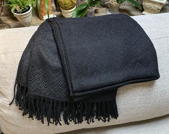 Handmade Alpaca Throw Blanket. Hand-loomed. 52" x 63". Solid Black. Hypoallergenic. REGULATES heat. Great gift idea.