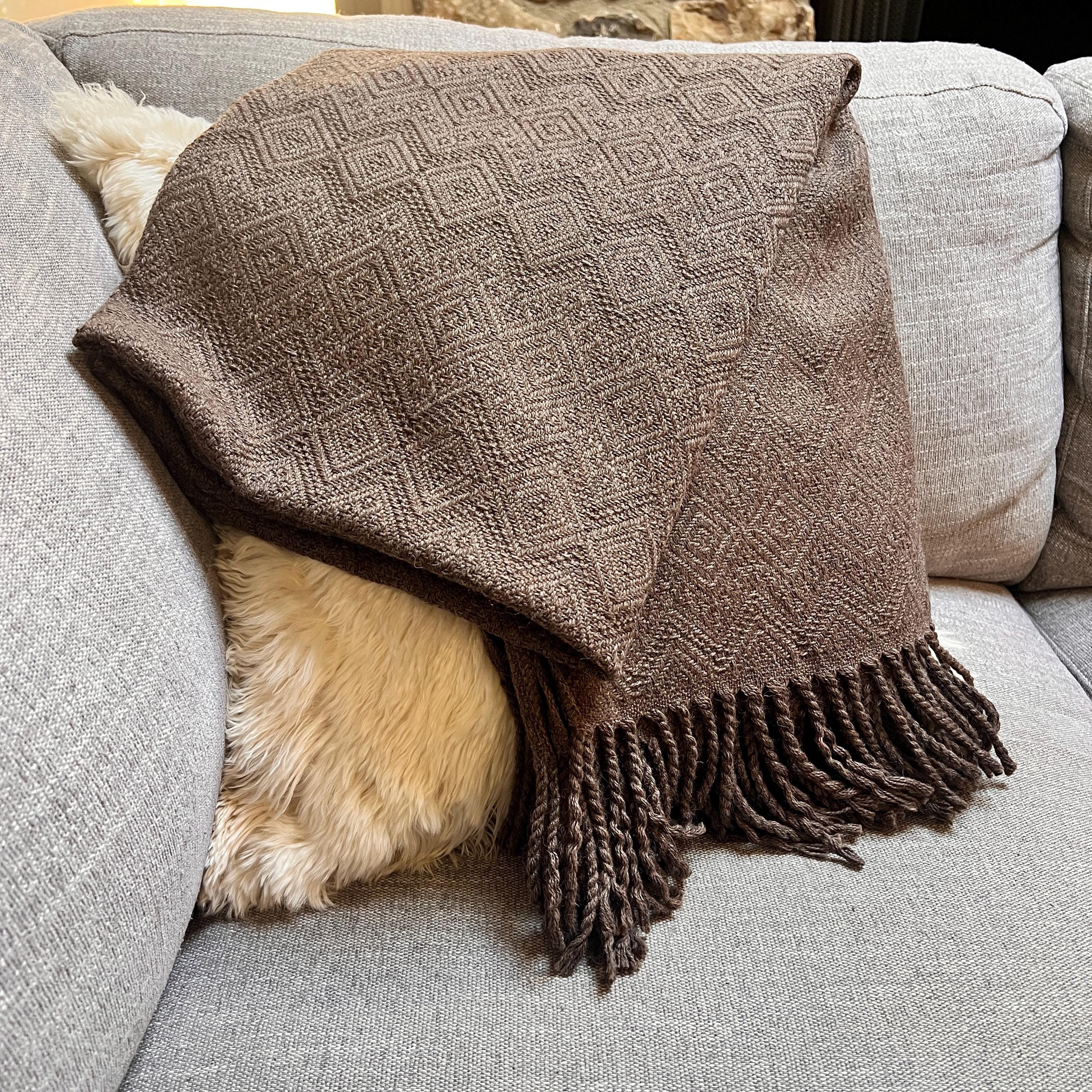 Handmade Luxury Alpaca Throw Blanket. Hand-loomed. 52" x 63". MOCHA color. Hypoallergenic. FREE shipping to USA
