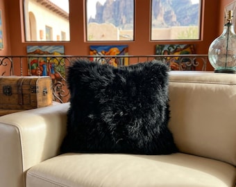 Luxury Black Alpaca Fur Pillow 20"x20", Handmade, Modern Home Decor Accent, Soft Square Pillow, Great Mothers day or house warming gift