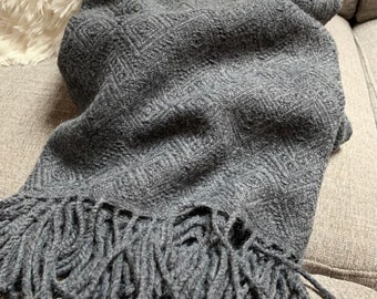 Handmade Alpaca Throw Blanket. Hand-loomed. 52" x 63". SOLID Charcoal. Hypoallergenic. REGULATES heat. Great gift idea. Ships Fast