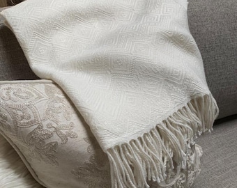 Handmade Baby Alpaca Throw Blanket. Hand-loomed. 52&quot; x 63&quot;. Royal Bone color. Hypoallergenic, regulates heat. 60 percent baby alpaca
