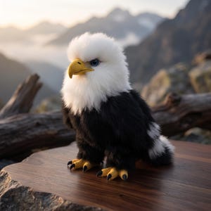Peut inclure: Une peluche aigle à tête blanche avec un corps noir, un bec jaune et des serres jaunes. L'aigle présente des yeux sombres détaillés et une fourrure douce et texturée. Il est représenté de profil, mettant en valeur ses couleurs distinctes.