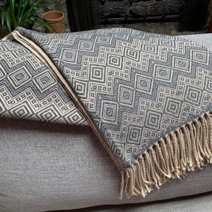 Handmade Alpaca Throw Blanket. Hand-loomed. 52" x 63". Steel Blue and Beige.  Hypoallergenic. REGULATES heat. Great gift idea.