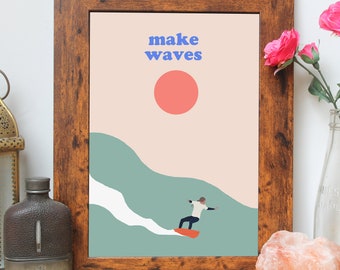 Beach Art Print - Surfer Girl Print - Retro A4 Print - Inspirational Quote - Surf Print - Beach Illustration - Female Power Art