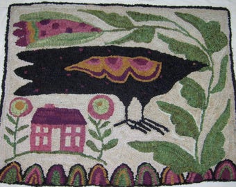 Crow and House Rug - Hand Hooked Rug - Primitive Hooked Rug