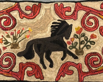 Horse and Scrolls Hooked Rug