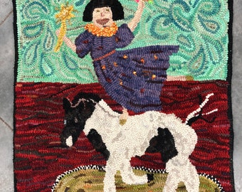 Girl on a Paint Pony Hooked Rug