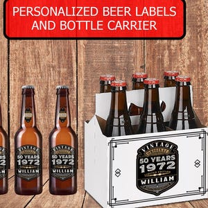 Personalized Birthday Decorations 50 Years 1974 Beer Label Tags and 6 Pack Carrier Personalize with Birthdate, Age, and Name