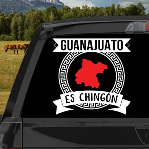 May include: A black and white sticker with a red outline of the state of Guanajuato, Mexico. The sticker says "Guanajuato es chingón" which translates to "Guanajuato is awesome".