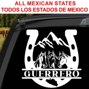 May include: A black and white decal featuring a horseshoe design with three horse heads, mountains, and the word "GUERRERO". The text "ALL MEXICAN STATES TODOS LOS ESTADOS DE MEXICO" is at the top.