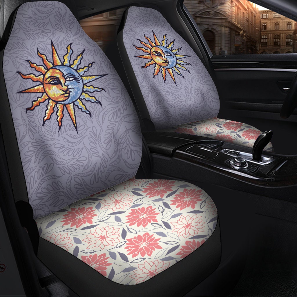 Riakrum 15 Pcs Sun and Moon Car Seat Cover Full Set Car Front Seat Covers  Steering