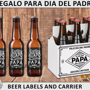 Regalo para Día del Padre Etiquetas para Cervezas y caja 6 Beer Labels and Beer Carrier Best Dad in the World Mejor Papa del Mundo