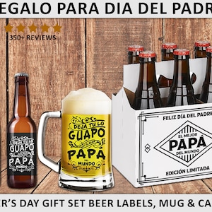 Regalo para Día del Padre Tarro de Cerveza Etiquetas y caja para Cervezas Beer Mug 6 Beer Labels and Carrier In Spanish Mejor Papa del Mundo