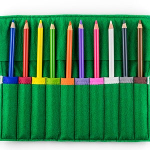 May include: A green felt pencil roll with a zipper closure. The roll contains 12 colored pencils, including blue, red, yellow, green, purple, pink, white, black, and brown.