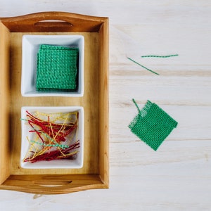 PRE-SEWING SERIES: Burlap Pulling Activity - great for developing pincer grip!