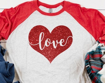 Valentine's Day Shirt For Women, Women's Valentine's Day Shirt, Women's Heart Shirt, Glitter Love Shirt, Glitter Heart Shirt For Women